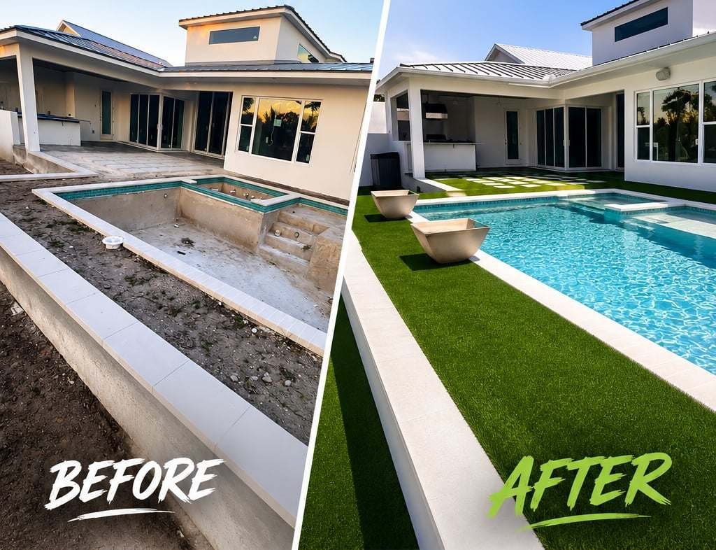 Before and after: bare dirt around a new pool turned into artificial turf, installed by ProTurf Solutions