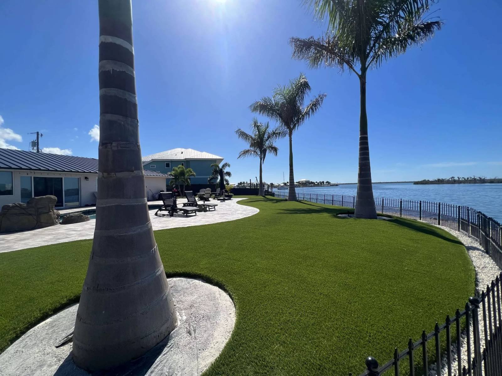 Waterfront backyard with artificial turf, palm trees and a pool deck, installed by ProTurf Solutions